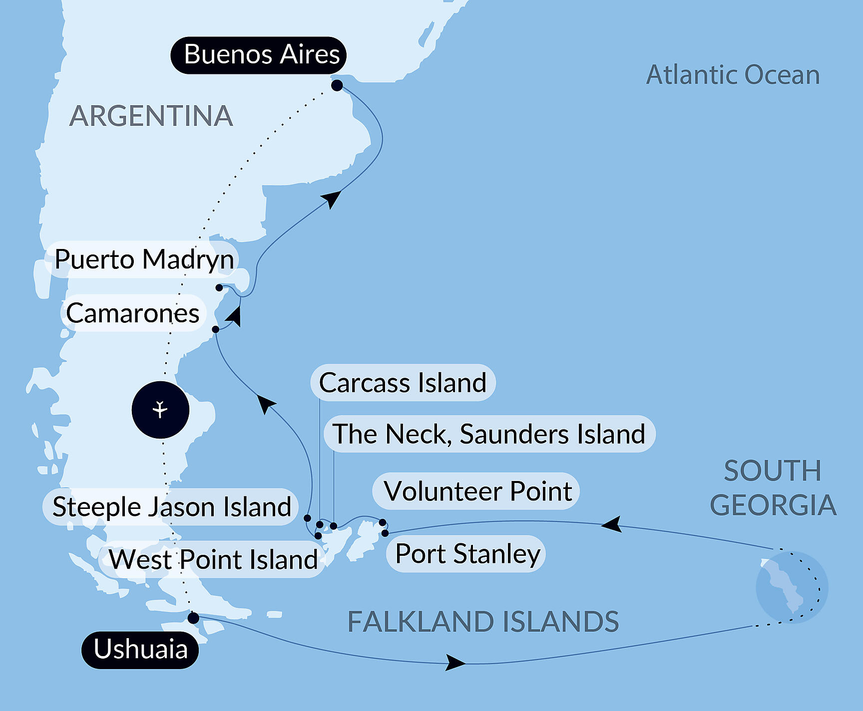 Official PONANT route map for Falklands, South Georgia & Valdes Peninsula: in the Heart of the Wilderness aboard Le Boréal, Voyage BO270229