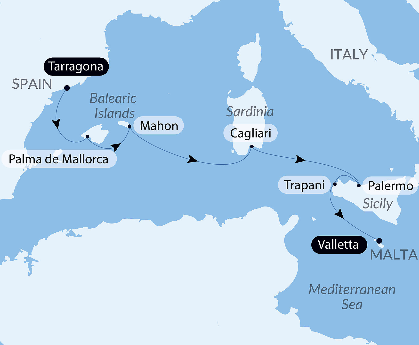 Official PONANT route map for Cruising the Mediterranean: Sicily, Sardinia, and Mallorca – with Smithsonian Journeys aboard L'Austral, Voyage AU260428