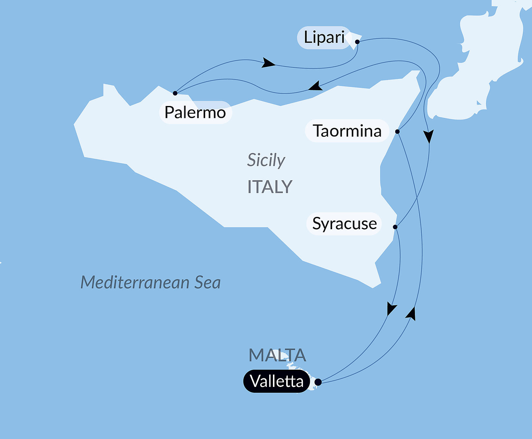 Official PONANT route map for Sicilian interlude aboard Le Dumont d'Urville, Voyage EU030527
