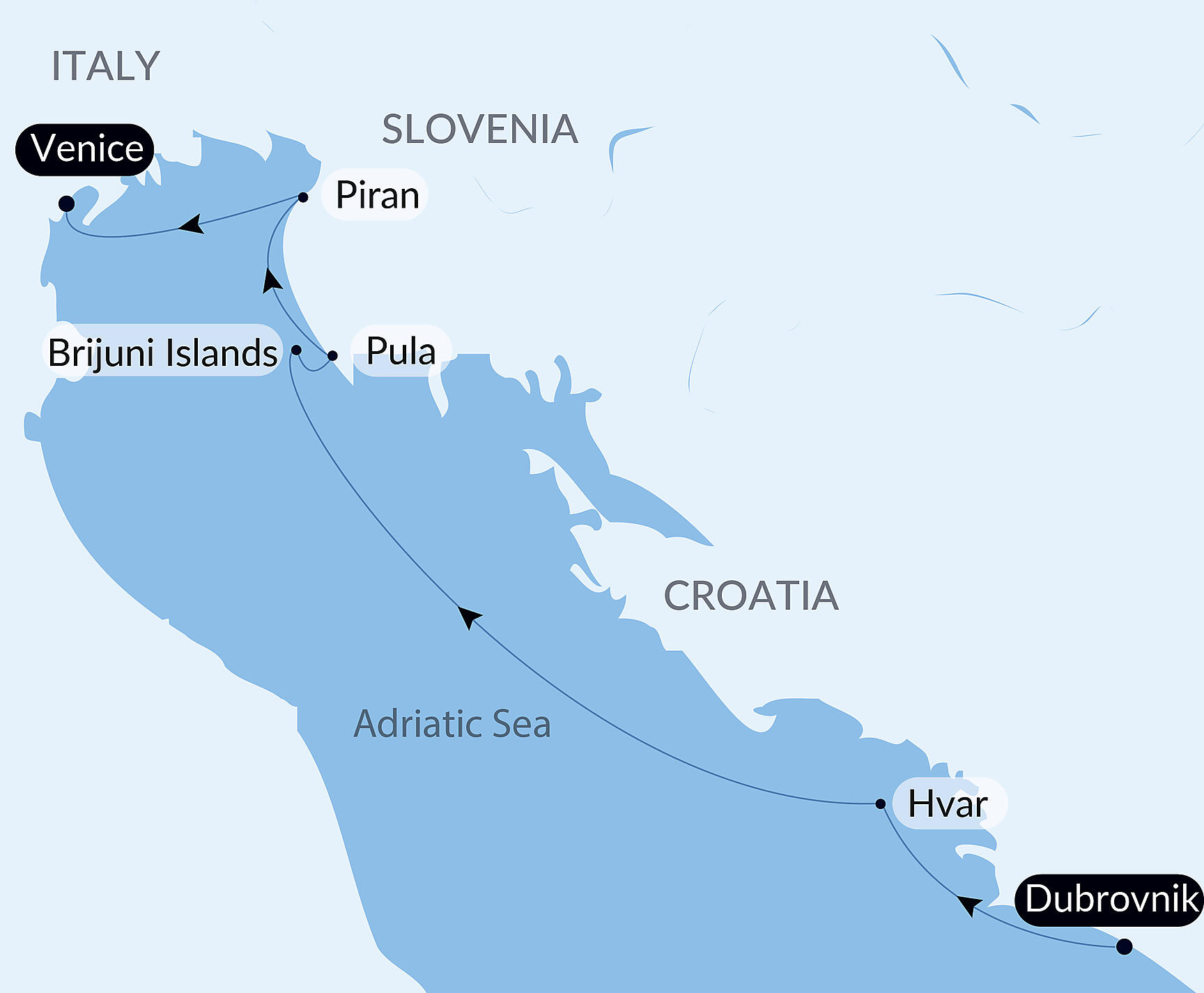 Official PONANT route map for The Adriatic Sea - with the Paris Opera Ballet aboard Le Dumont d'Urville, Voyage EU020828