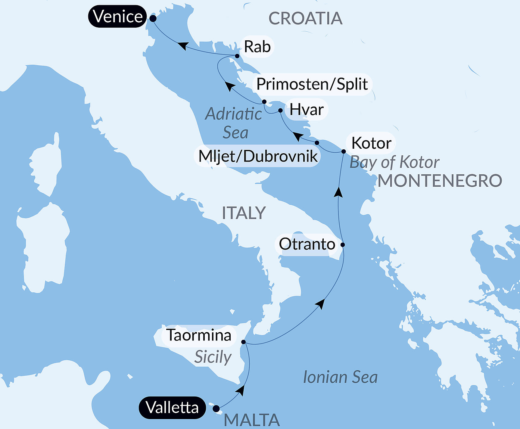 Official PONANT route map for From Malta to the shores of the Adriatic aboard Le Bougainville, Voyage EG190827