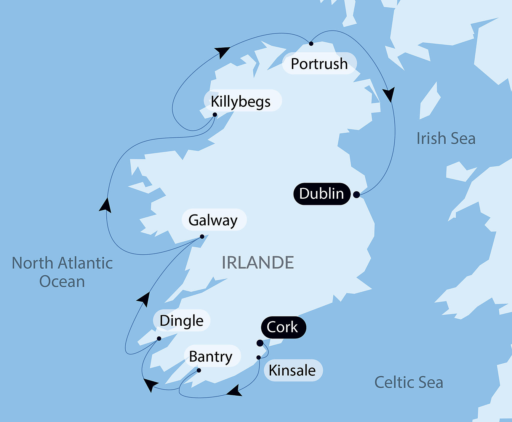Official PONANT route map for Around the Emerald Isle aboard L'Austral, Voyage AU250527