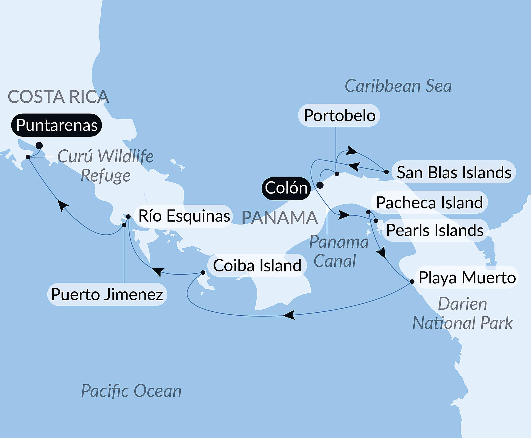 Official PONANT route map for Secrets of Central America aboard Le Bellot, Voyage EE181226