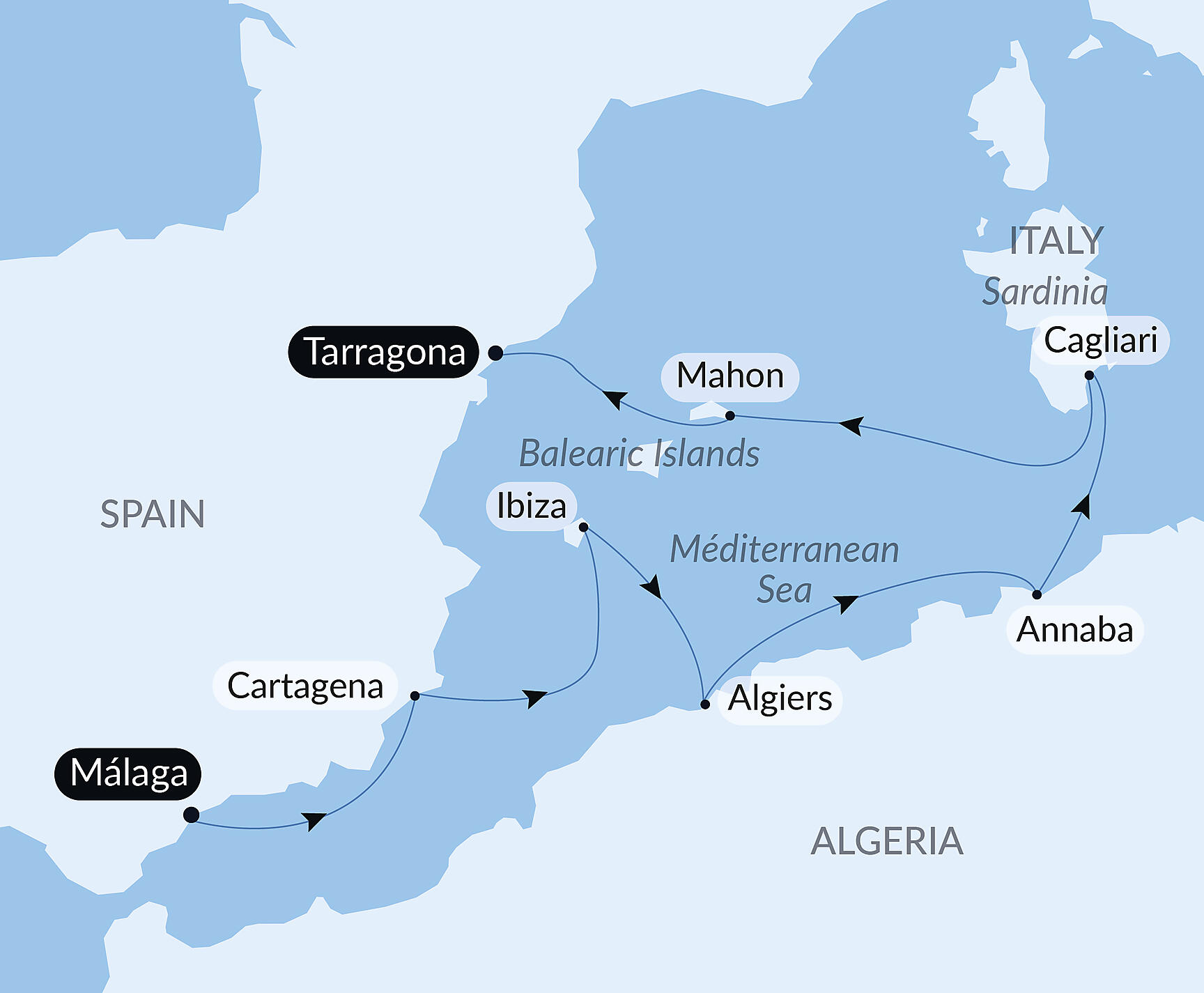 Official PONANT route map for Spring Awakening on the Mediterranean aboard L'Austral, Voyage AU160427
