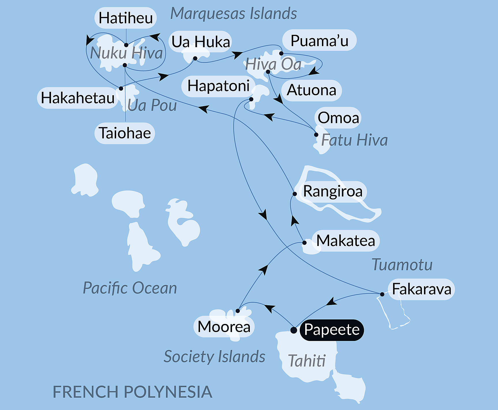 Official PONANT route map for Polynesian Bliss: Marquesas and Tuamotu aboard Le Jacques Cartier, Voyage EX041026