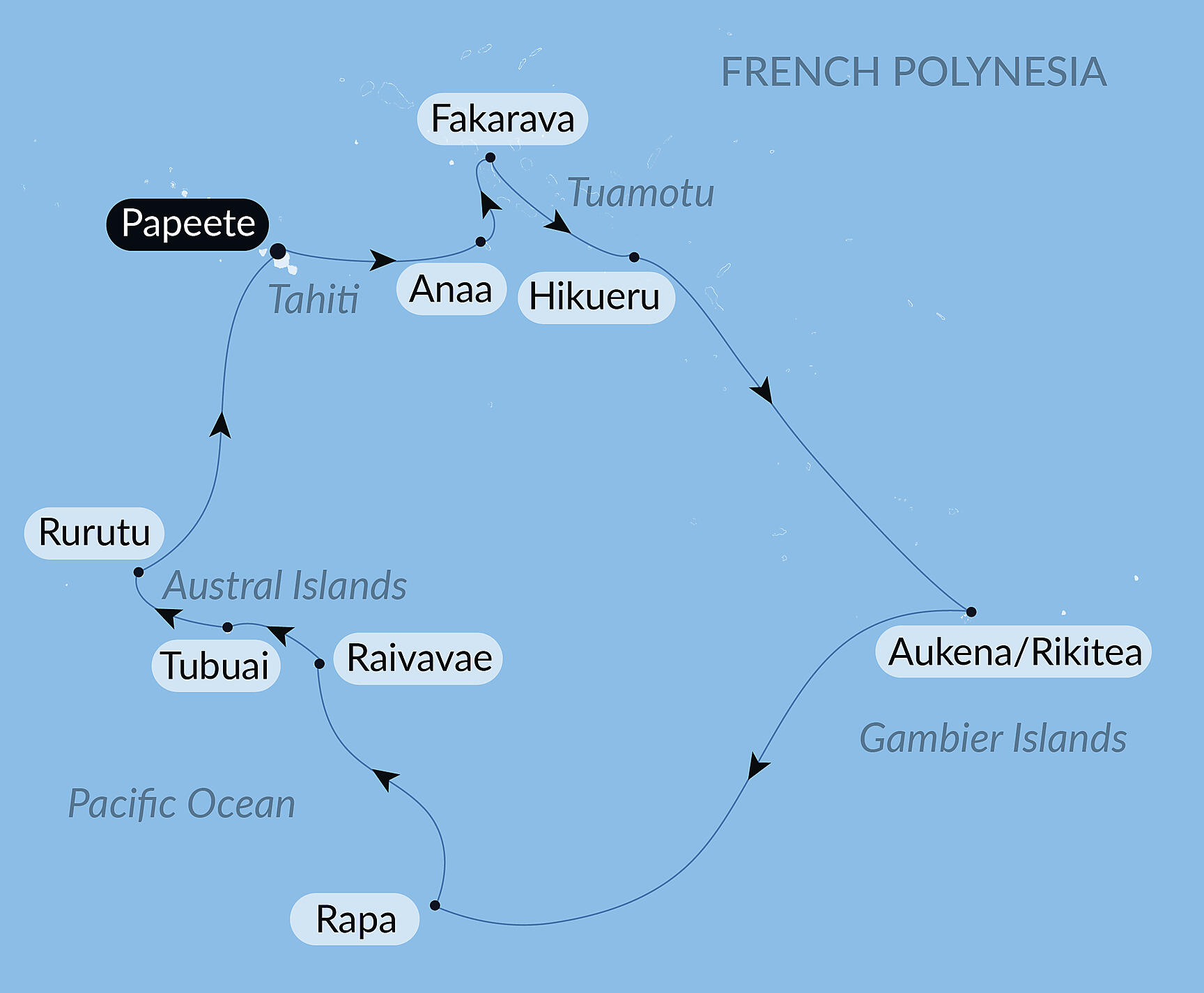 Official PONANT route map for Secret Polynesia: Unexplored Tuamotu, the Gambier Islands and the Austral Islands aboard Le Jacques Cartier, Voyage EX181026