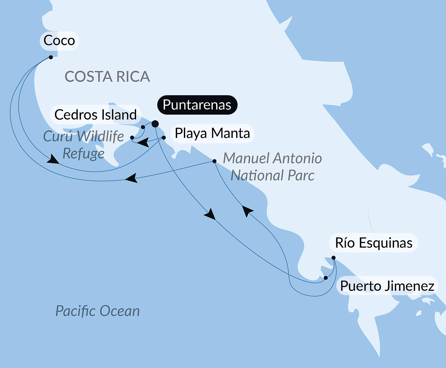 Official PONANT route map for Pacific Coast of Costa Rica aboard Le Bellot, Voyage EE281226