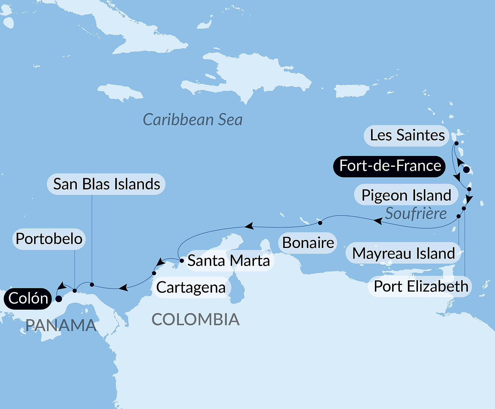 Official PONANT route map for Panama, Colombia & Caribbean Islands aboard Le Bellot, Voyage EE261026