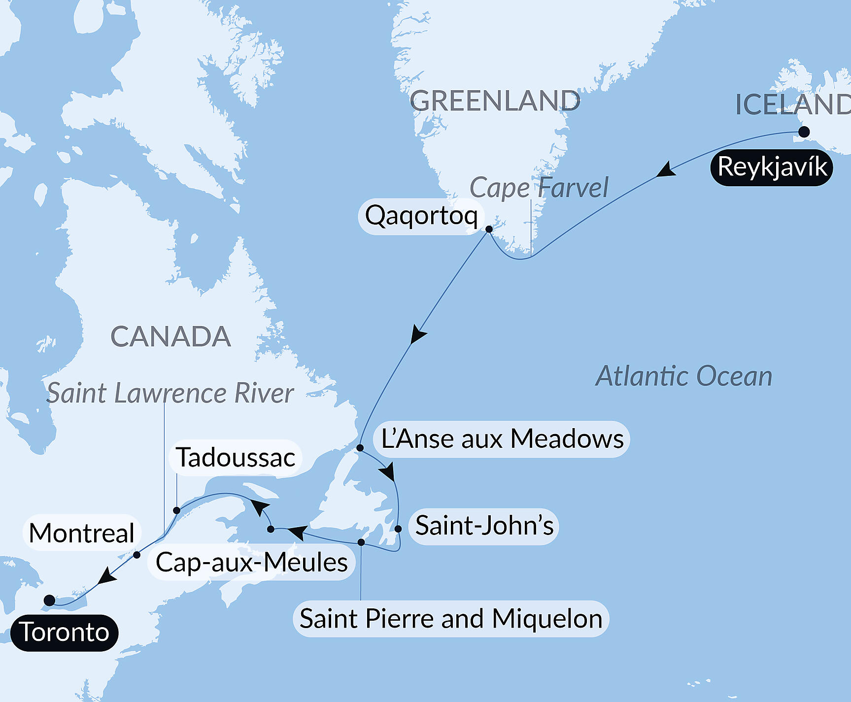 Official PONANT route map for Exploration from Greenland to Canada via Saint Pierre and Miquelon aboard Le Bellot, Voyage EE290727