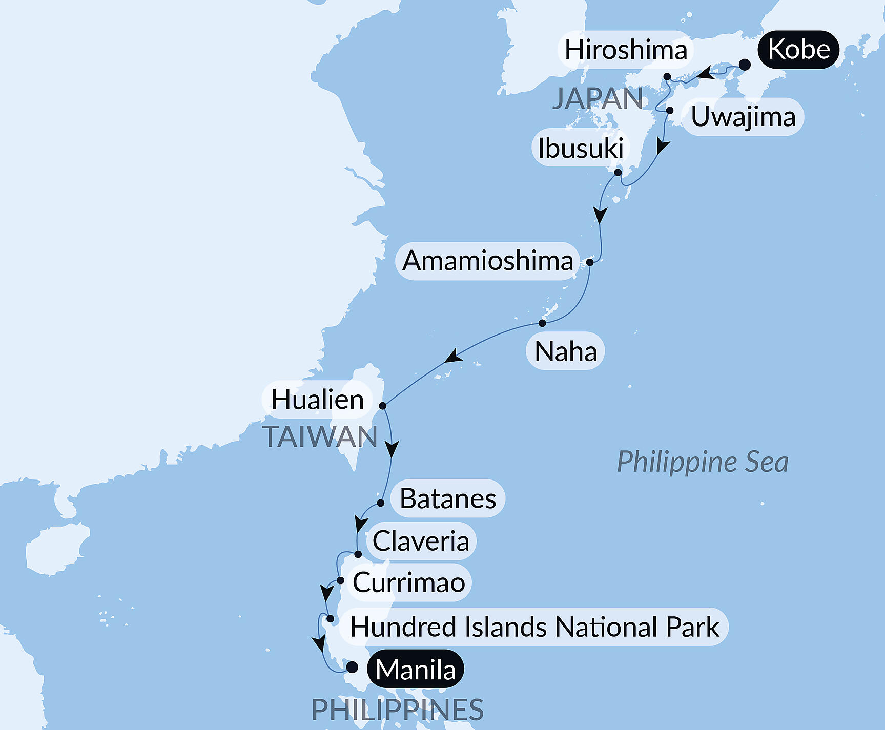 Official PONANT route map for Philippines, Taiwan and Japan aboard Le Jacques Cartier, Voyage EX160428