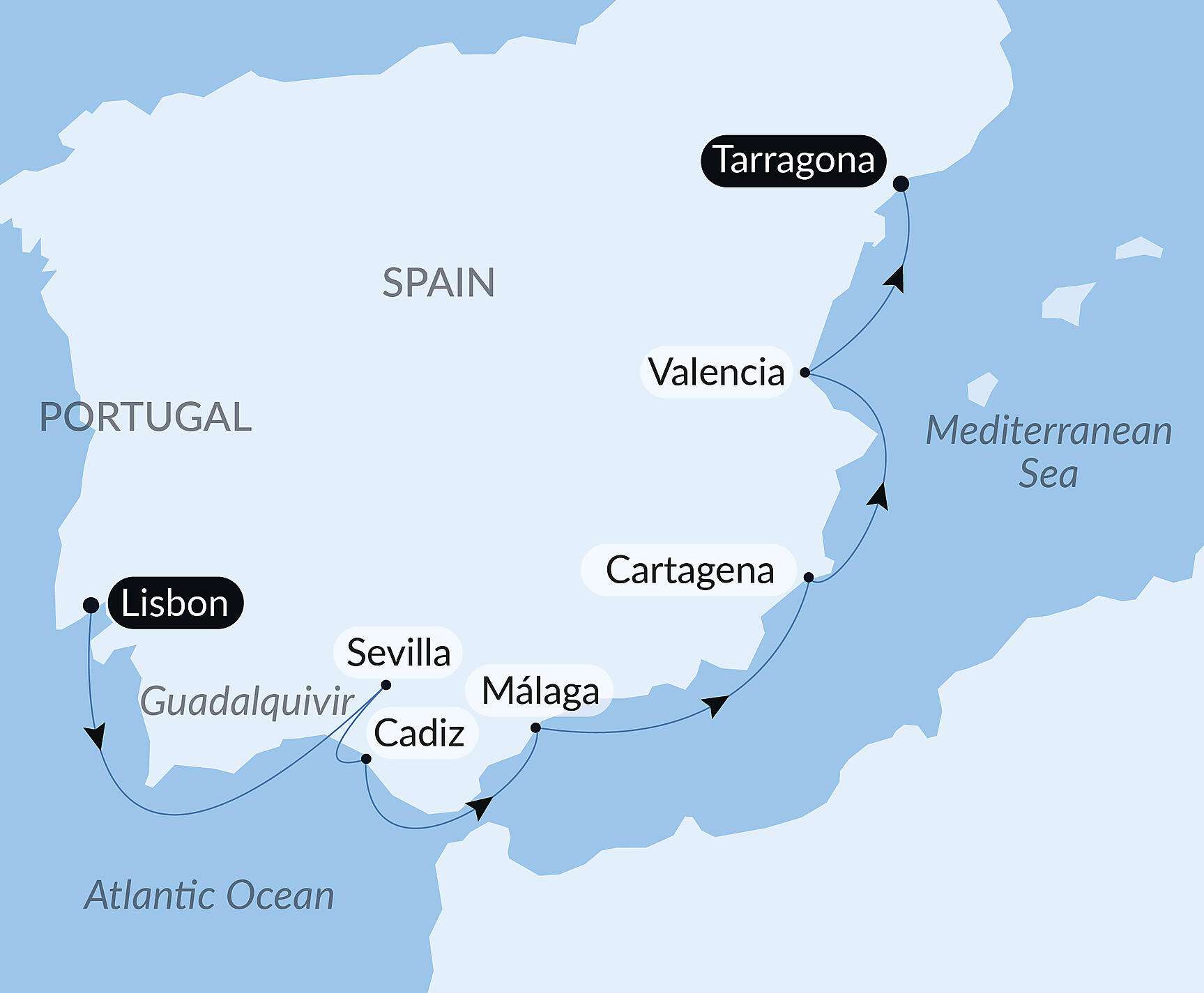 Official PONANT route map for Gastronomic Journey Through Iberian Coasts aboard Le Boréal, Voyage BO250427