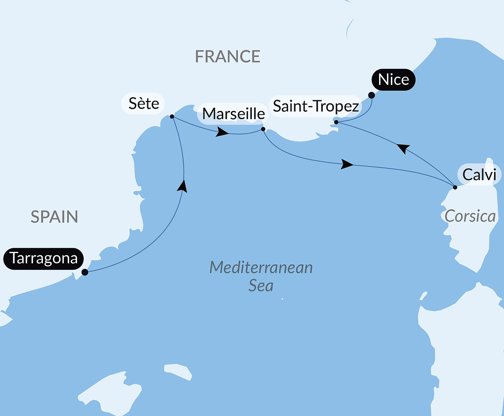Official PONANT route map for From Riviera Glamour to Corsican Charm aboard Le Boréal, Voyage BO020527