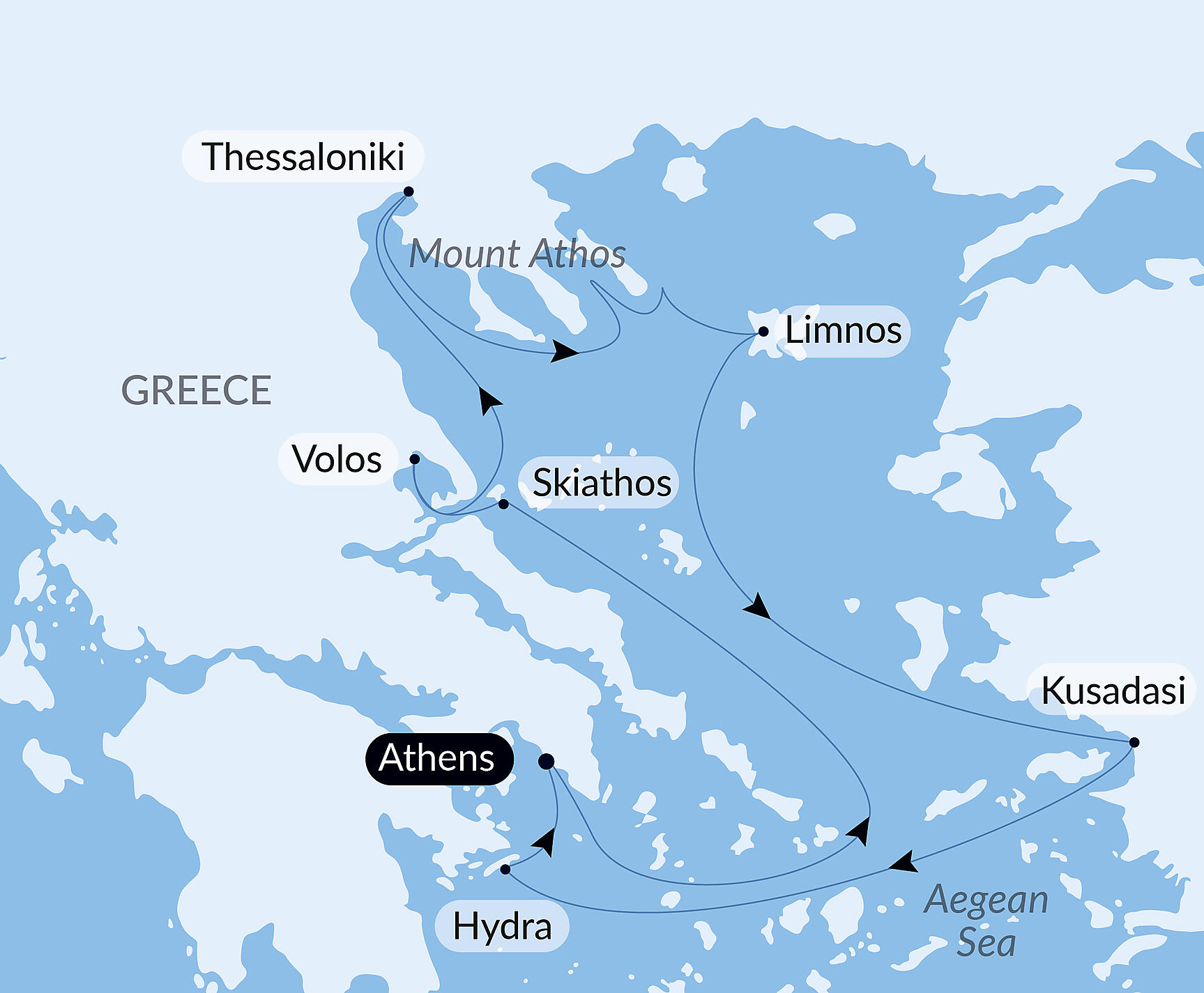 Official PONANT route map for European autumn in the Aegean Sea aboard Le Champlain, Voyage EC011126