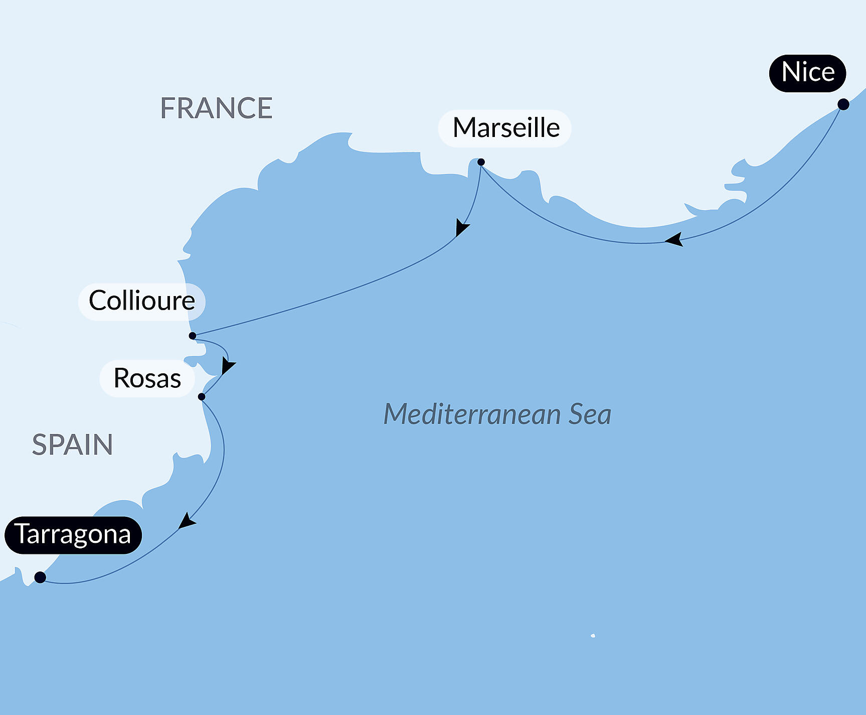 Official PONANT route map for Break between Provence and Catalonia aboard Le Bougainville, Voyage EG080827