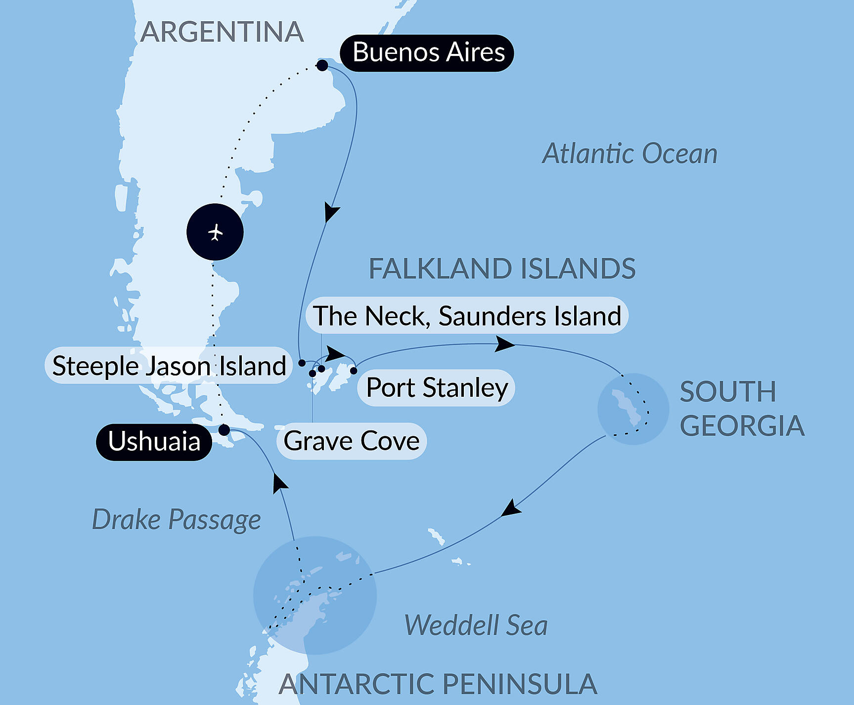 Official PONANT route map for The Great Austral Loop aboard Le Boréal, Voyage BO121126