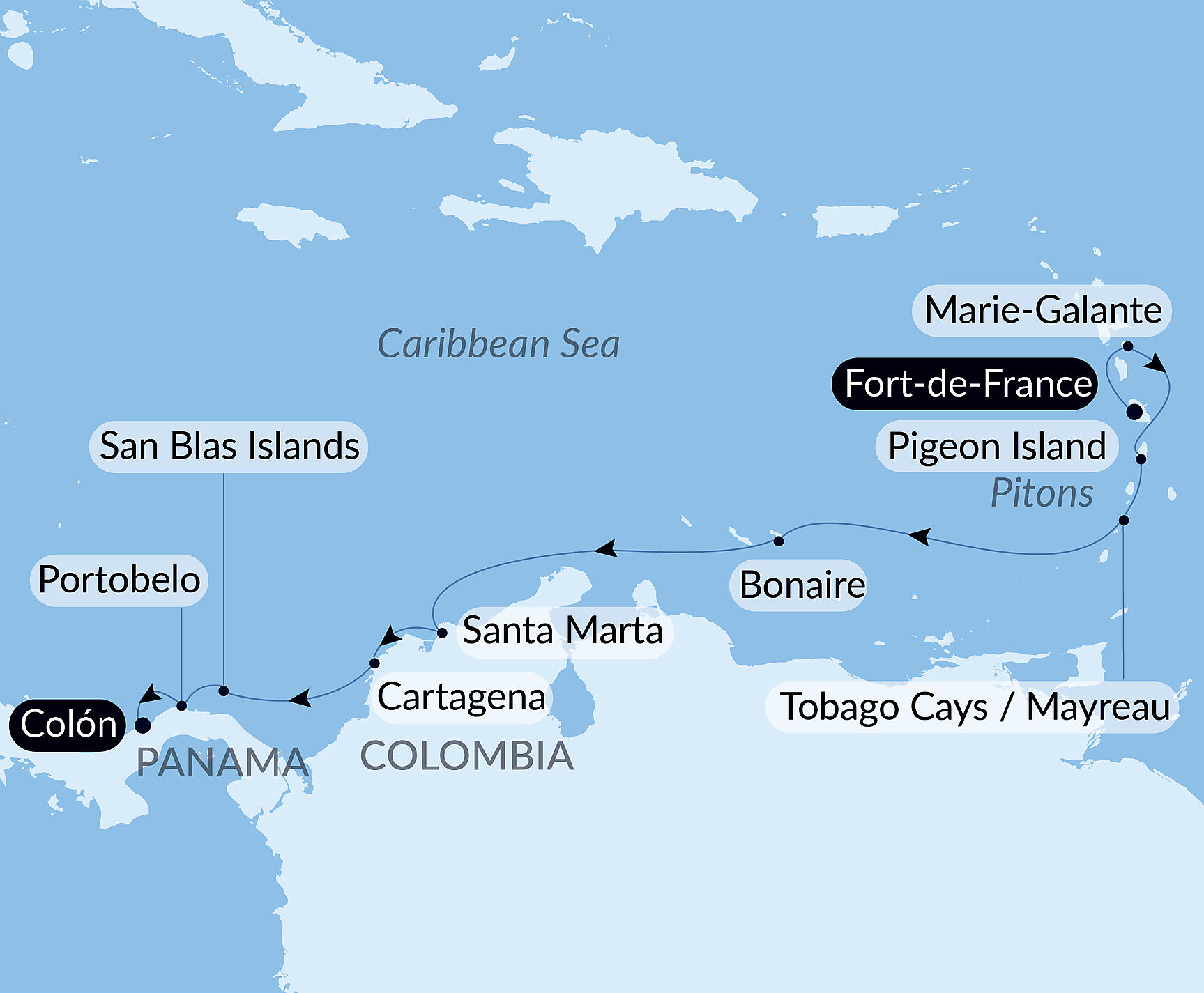 Official PONANT route map for Panama, Colombia & Caribbean Islands aboard Le Lapérouse, Voyage ER071226