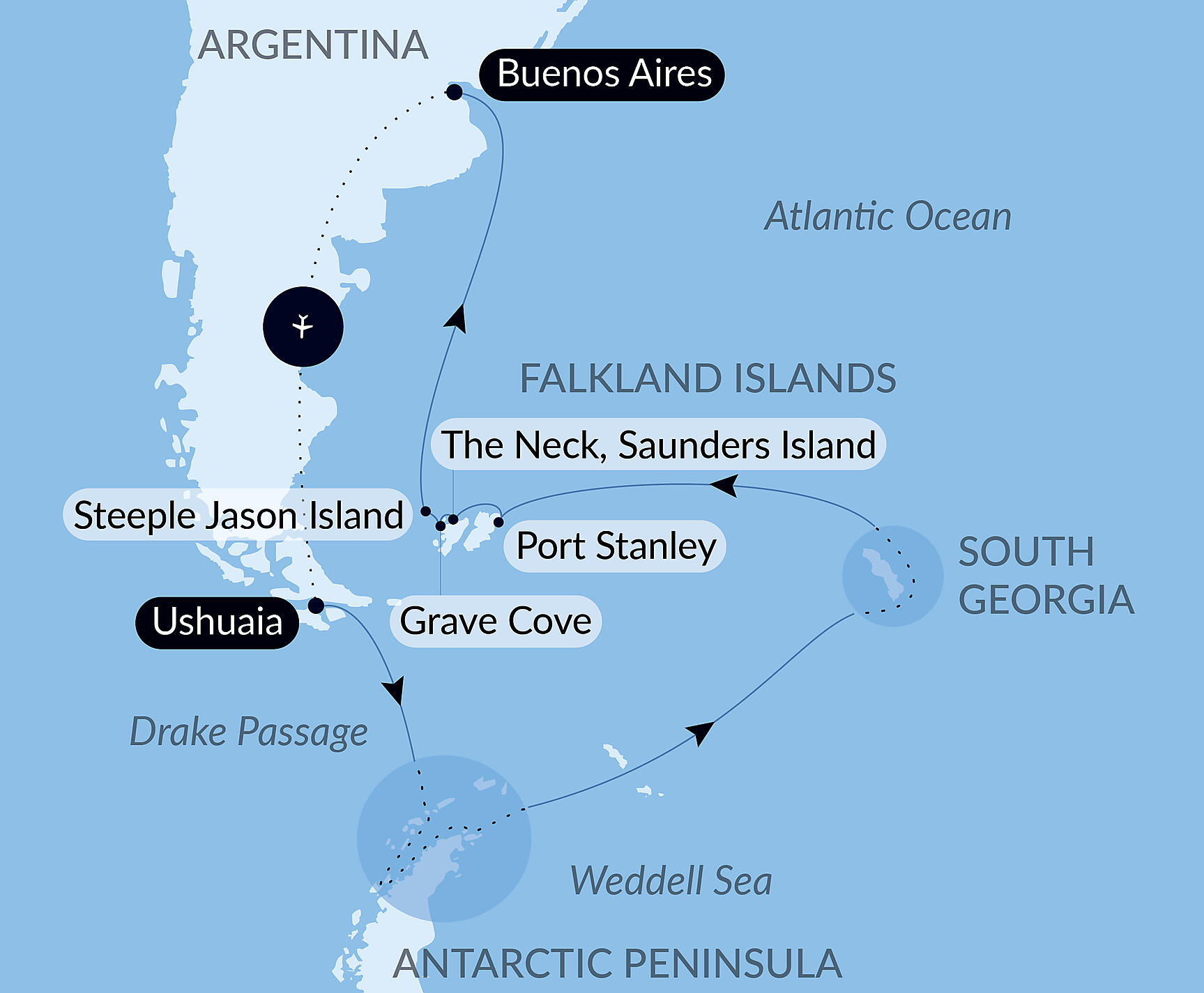 Official PONANT route map for The Great Austral Loop aboard Le Boréal, Voyage BO040327