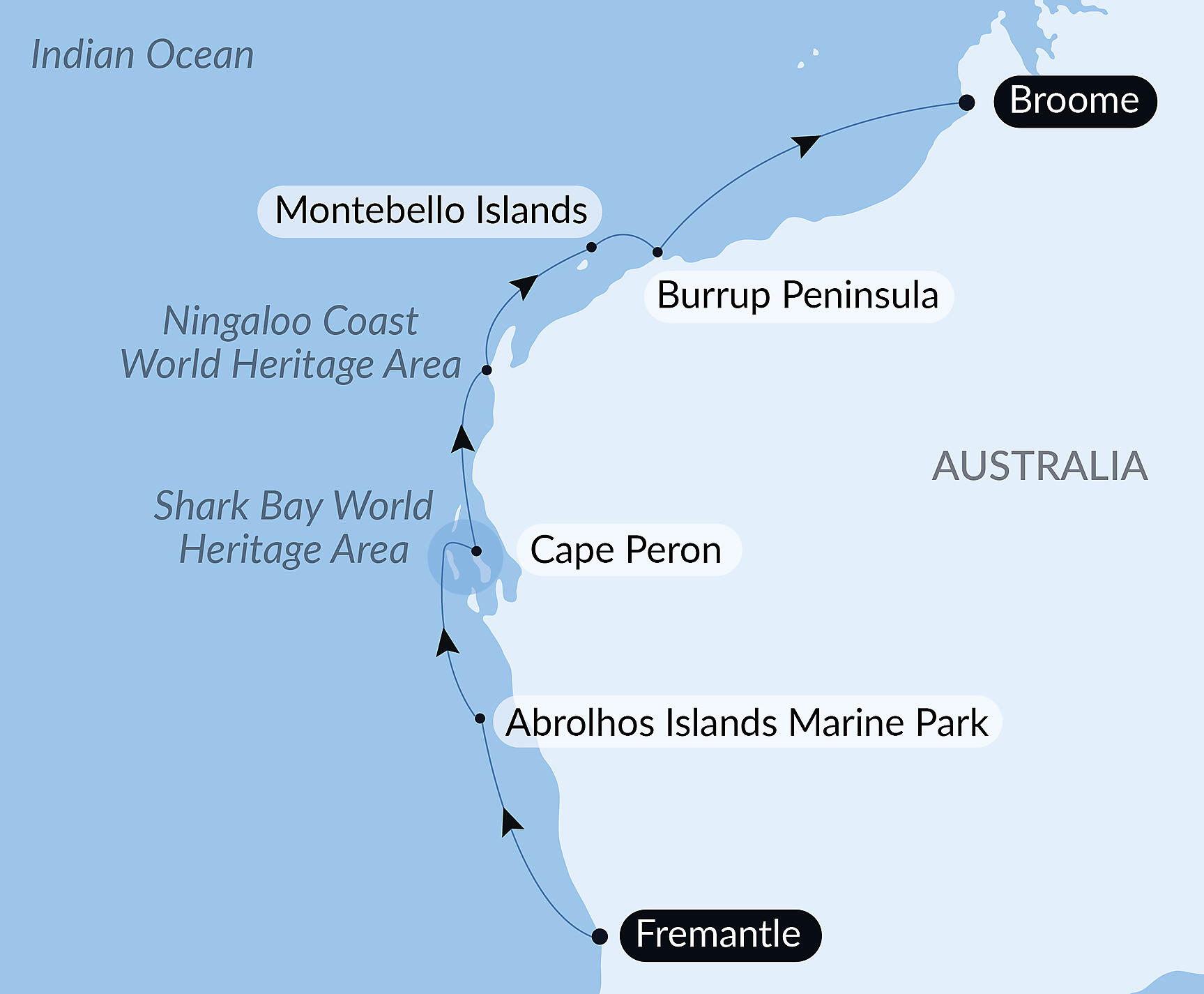 Official PONANT route map for Australia’s West Coast Odyssey aboard Le Soléal, Voyage SO080827