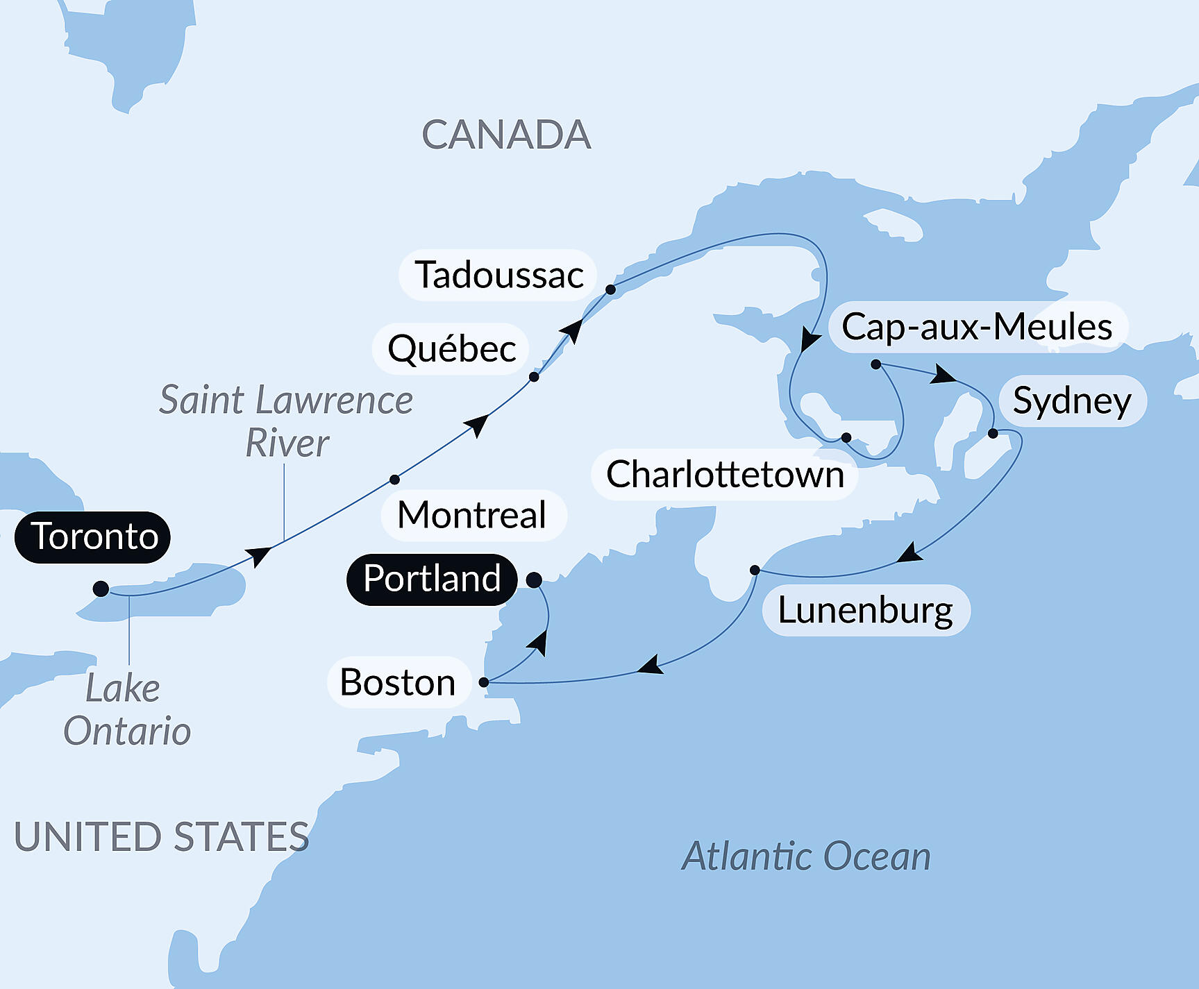 Official PONANT route map for Fall Foliage on the St. Lawrence: Québec to the Canadian Maritimes – with Smithsonian Journeys aboard Le Bellot, Voyage EE011028
