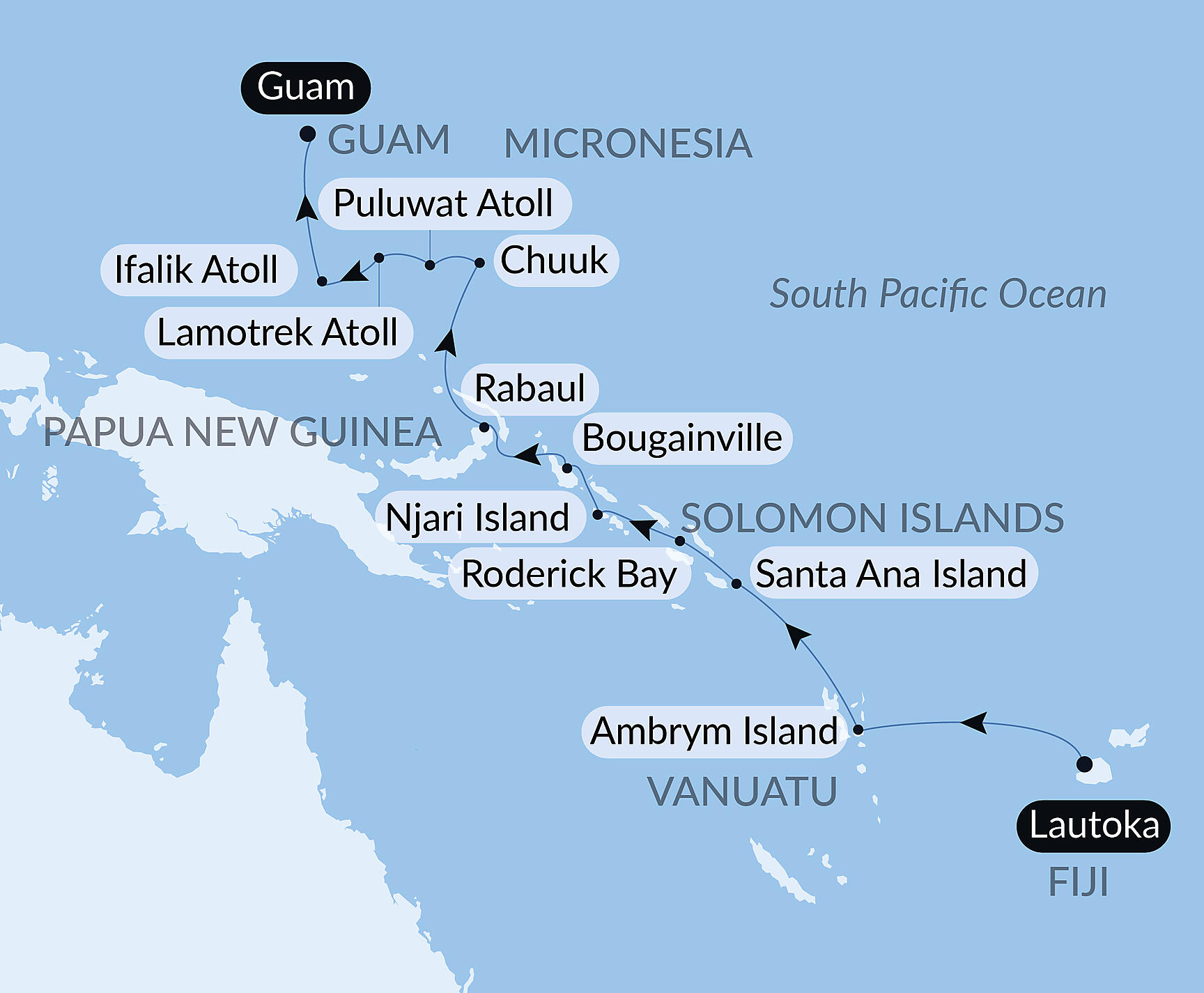 Official PONANT route map for From Fiji to Micronesia aboard Le Jacques Cartier, Voyage EX200227