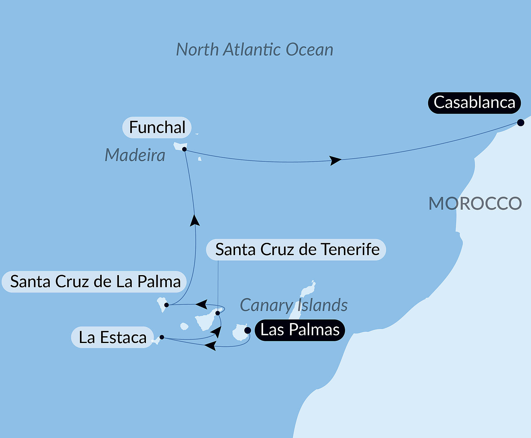 Official PONANT route map for Atlantic odyssey from the Canary Islands to the shores of Morocco aboard Le Champlain, Voyage EC160127