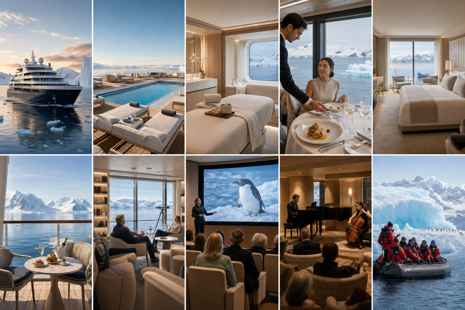PONANT luxury cruise inspiration collection featuring ships, wellness, dining, suites, enrichment, entertainment, and polar exploration