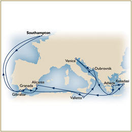 Map Cunard QueenElizabeth QE Southampton to Southampton