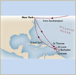 CUNARD Map Cunard Queen Mary 2 QM2 2030 Southampton to New York
