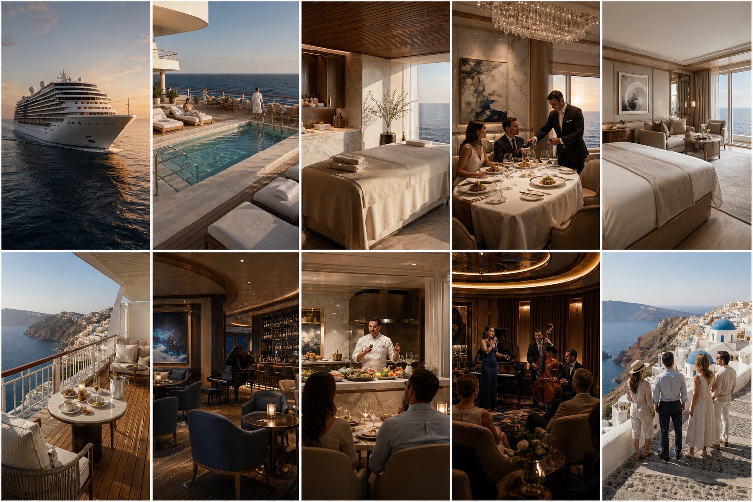 Ten-panel Regent-inspired luxury cruise editorial collage showing a ship at sea, pool deck, wellness spa, fine dining, suite, private veranda, lounge, culinary enrichment, evening entertainment, and a Santorini excursion