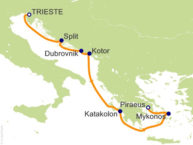 RSSC Regent Seven Seas Voyager Itinerary 2026 Map Cruises 7 Night Path of the Ancients   Trieste to Athens (Piraeus) Cruise
