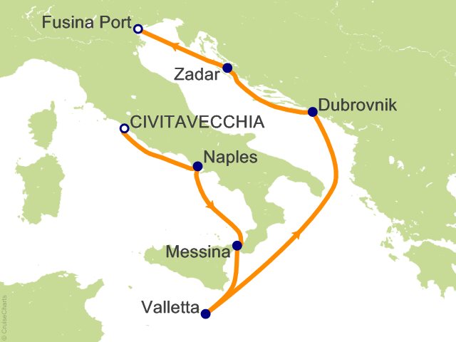 RSSC Regent Seven Seas Voyager Itinerary 2026 Map Cruises 7 Night Spotlight on Sparkling Wines   Rome (Civitavecchia) to Venice (Fusina) Cruise