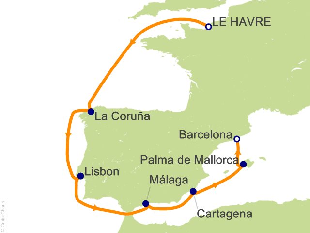 RSSC Regent Seven Seas Voyager Itinerary 2026 Map Cruises 9 Night Icons of Iberia   Paris (Le Havre) to Barcelona Cruise