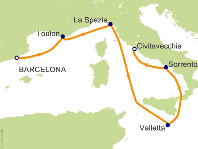 RSSC Regent Seven Seas Voyager Itinerary 2026 Map Cruises 12 Night Mediterranean Nights   Barcelona to Rome (Civitavecchia) Cruise