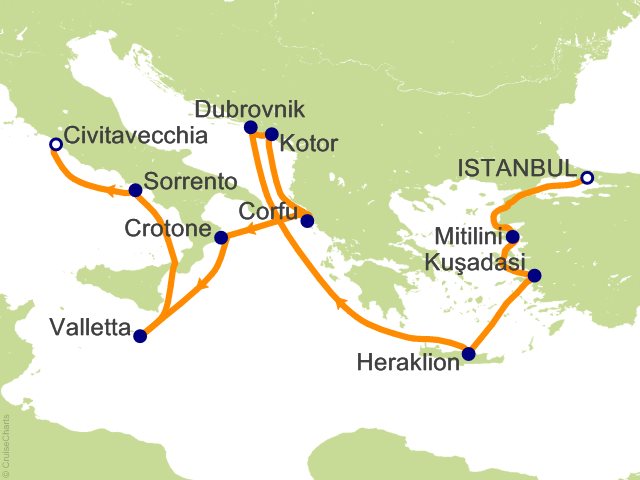 RSSC Regent Seven Seas Voyager Itinerary 2026 Map Cruises 12 Night Knights and Emperors   Istanbul to Rome (Civitavecchia) Cruise