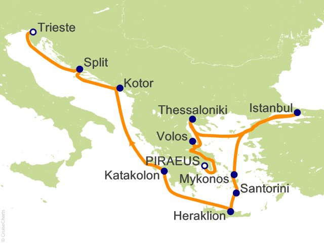 RSSC Regent Seven Seas Voyager Itinerary 2026 Map Cruises 14 Night Symphony of the Senses   Athens (Piraeus) to Trieste Cruise