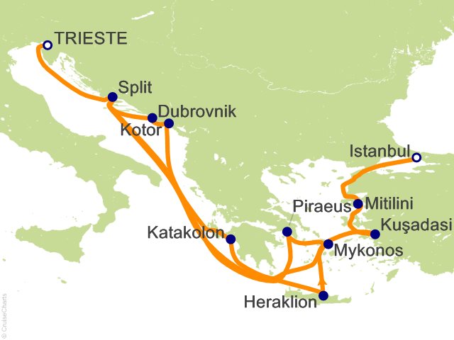 RSSC Regent Seven Seas Voyager Itinerary 2026 Map Cruises 17 Night Ancient and Historic Shores   Trieste to Istanbul Cruise