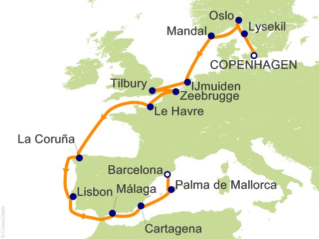 RSSC Regent Seven Seas Voyager Itinerary 2026 Map Cruises 17 Night Northern Elegance Southern Glamour   Copenhagen to Barcelona Cruise