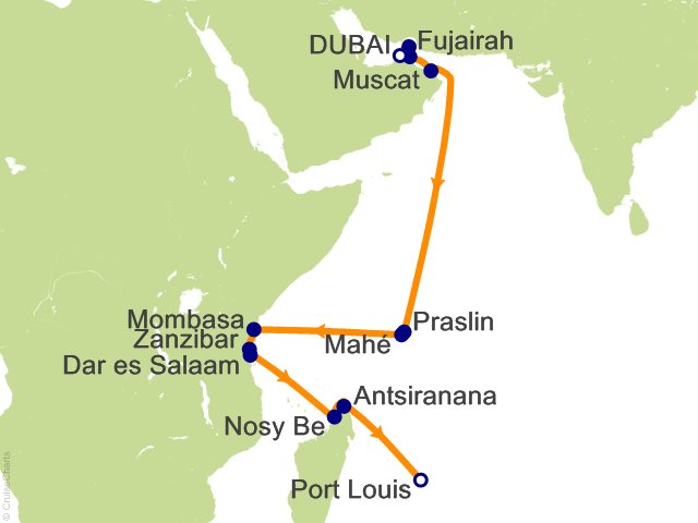 RSSC Regent Seven Seas Voyager Itinerary 2026 Map Cruises 20 Night Desert Cities and Turquoise Seas   Dubai to Port Louis Cruise