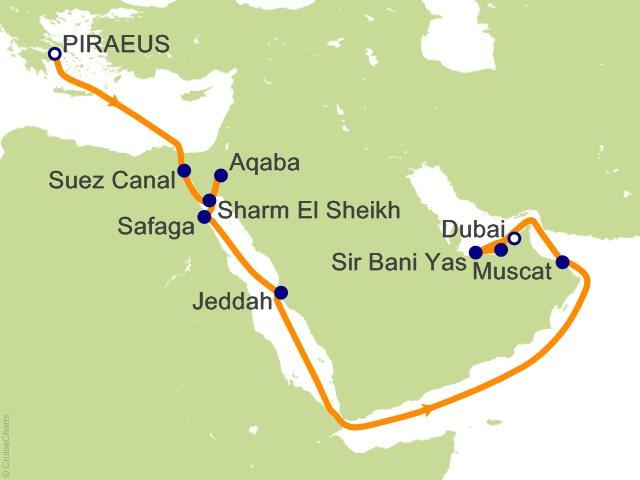 RSSC Regent Seven Seas Voyager Itinerary 2026 Map Cruises 21 Night Masterpieces of Petra   Athens (Piraeus) to Dubai Cruise