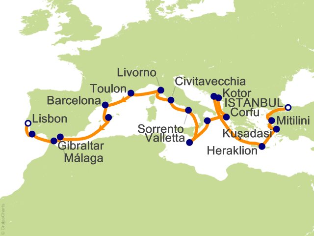 RSSC Regent Seven Seas Voyager Itinerary 2026 Map Cruises 22 Night Byzantium Barcelona and Belem   Istanbul to Lisbon Cruise