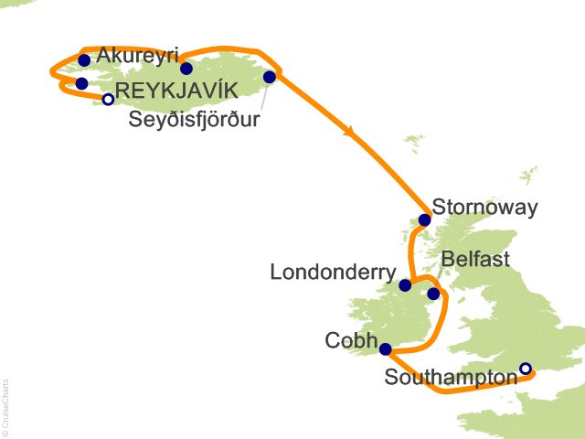 RSSC Regent Seven Seas Voyager Itinerary 2026 Map Cruises 12 Night Viking Vistas   Reykjavik to London (Southampton) Cruise