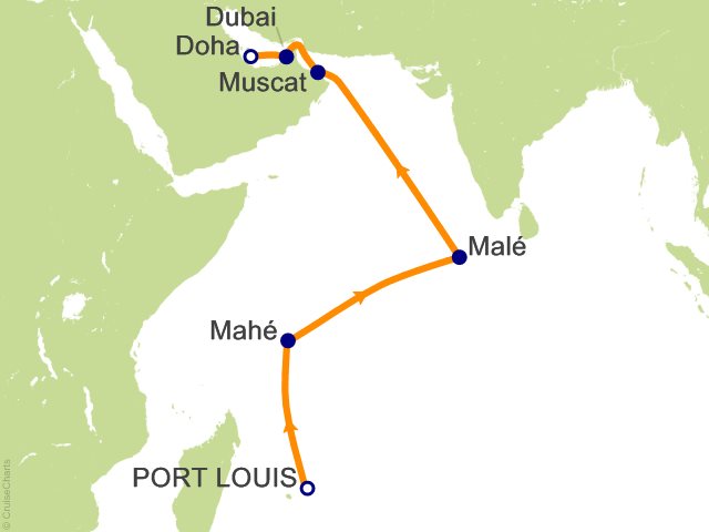 RSSC Regent Seven Seas Voyager Itinerary 2027 Map Cruises 15 Night Seychelles to Sands   Port Louis to Doha Cruise