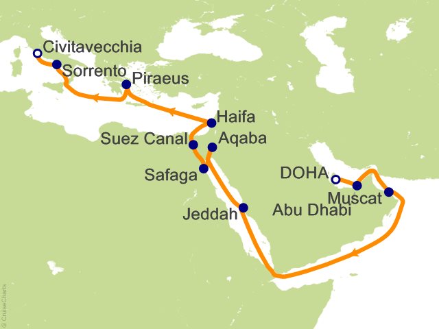RSSC Regent Seven Seas Voyager Itinerary 2027 Map Cruises 21 Night Souks to Sorrento   Doha to Rome (Civitavecchia) Cruise