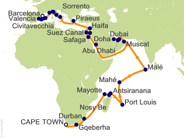 RSSC Regent Seven Seas Voyager Itinerary 2027 Map Cruises 61 Night Indian Ocean Odyssey   Cape Town to Barcelona Cruise
