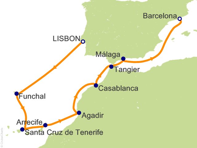 RSSC Regent Seven Seas Voyager Itinerary 2027 Map Cruises 10 Night Colors of the Kasbah   Lisbon to Barcelona Cruise