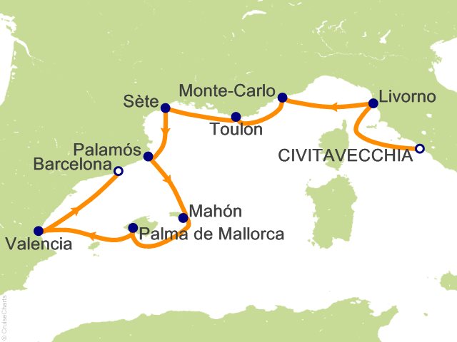 RSSC Regent Seven Seas Voyager Itinerary 2027 Map Cruises 11 Night Spanish Flavors and Rhythms   Rome (Civitavecchia) to Barcelona Cruise