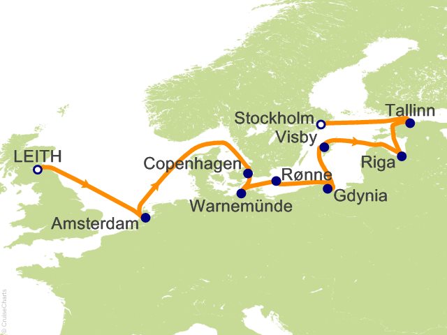 RSSC Regent Seven Seas Voyager Itinerary 2027 Map Cruises 12 Night Cliffs Castles and Culture   Edinburgh (Leith) to Stockholm Cruise
