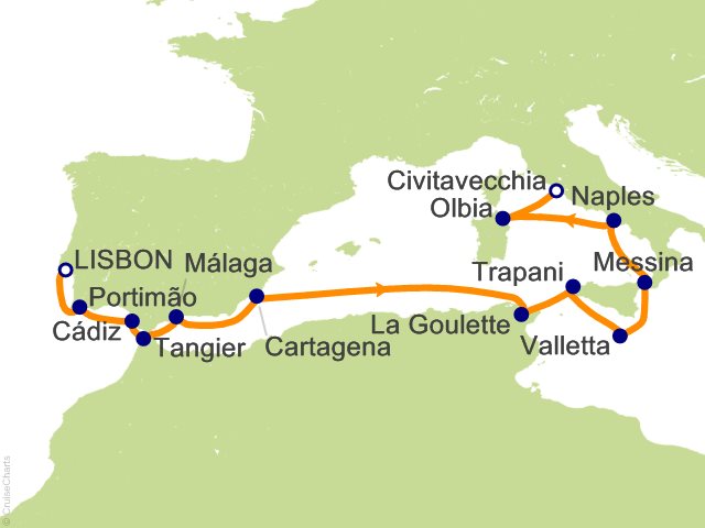 RSSC Regent Seven Seas Voyager Itinerary 2027 Map Cruises 14 Night Iberian Wanderlust and Sicilian Dream   Lisbon to Rome (Civitavecchia) Cruise