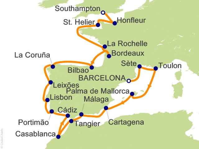 RSSC Regent Seven Seas Voyager Itinerary 2027 Map Cruises 22 Night Dreams Between Shores   Barcelona to London (Southampton) Cruise