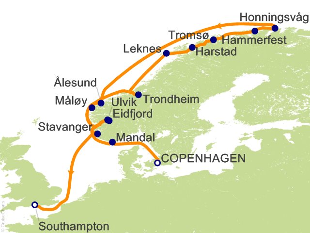 RSSC Regent Seven Seas Voyager Itinerary 2027 Map Cruises 18 Night Land of Vikings   Copenhagen to London (Southampton) Cruise
